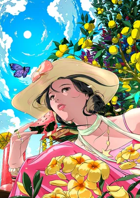 밀짚모자-열대과일-꽃